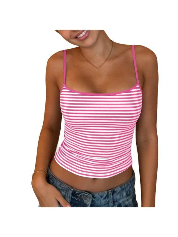 Women's Striped Camisole Slim Scoop Neck Spaghetti Adjustable Strap Sleeveless Ribbed Knitting Stretchy Summer Casual Layering Crop Tank Top Pink S