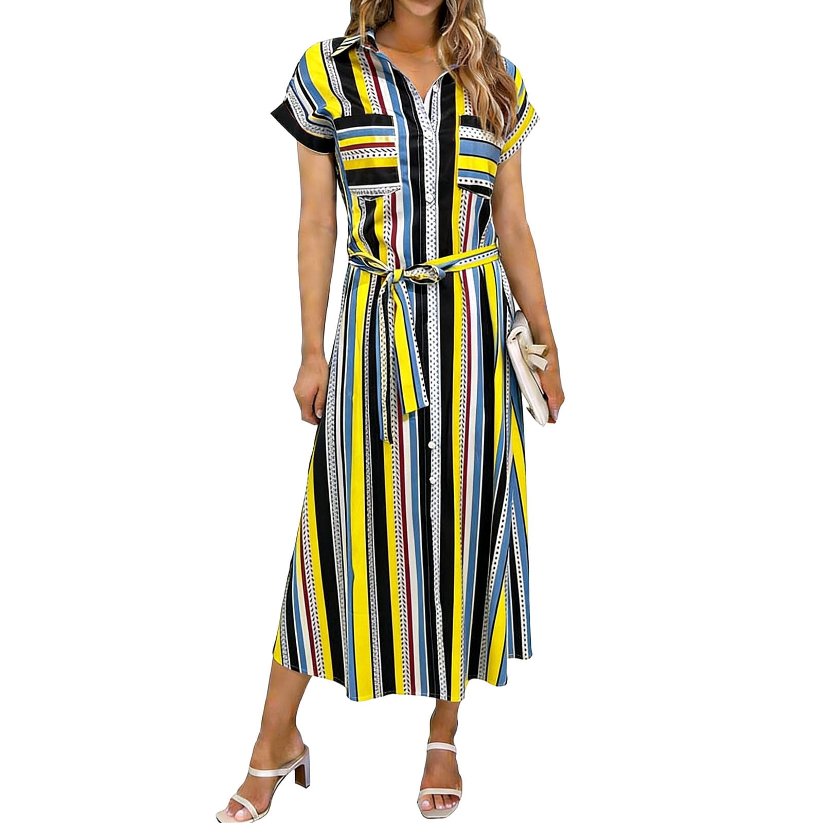 QSAWXQZ Women's Striped Shirt Dress Button Down Short Sleeve Lapel ...