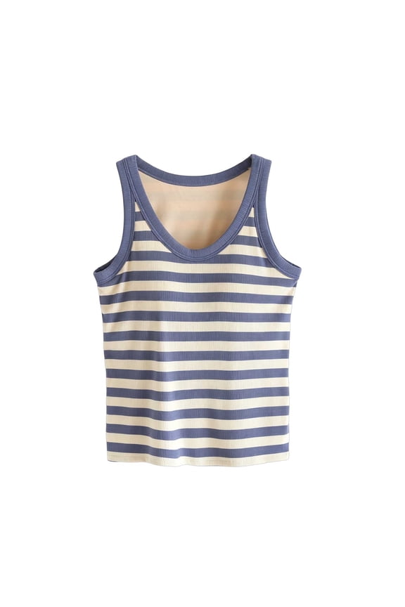 Women's Striped Tank Built In Padded V Neck Sleeveless Slim Top S