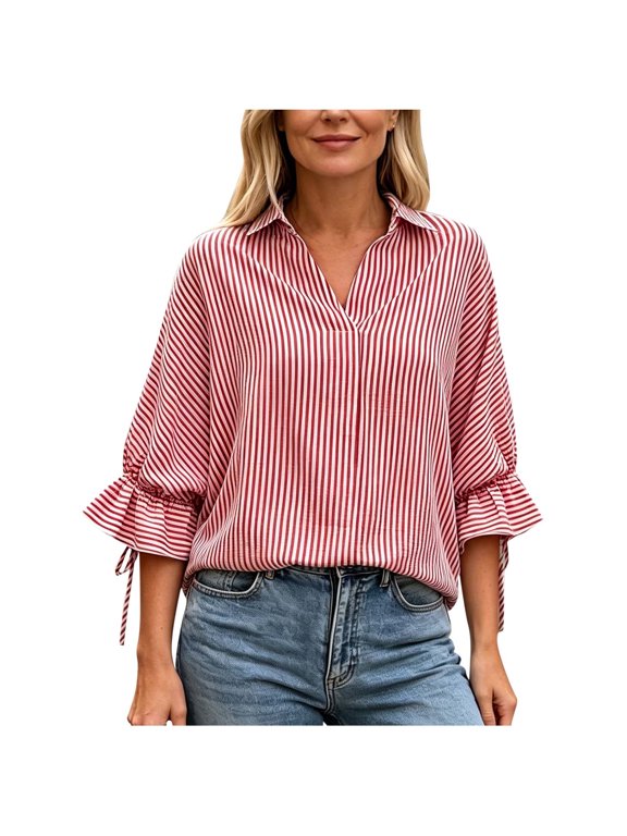 Women's Striped V Neck Blouse 3/4 Sleeve Tie Cuff Collared Shirt Split Back High Low Tunic Top for Fall 2XL
