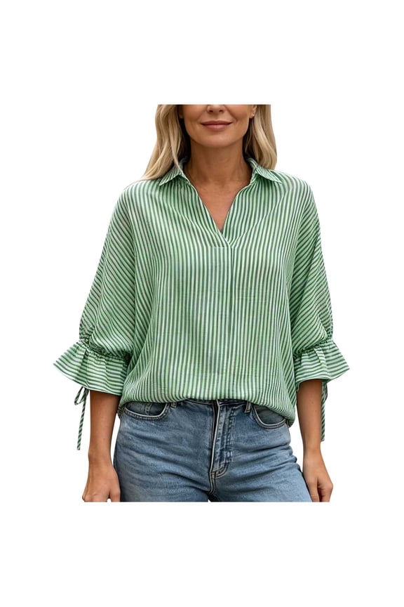 Women's Striped V Neck Blouse 3/4 Sleeve Tie Cuff Collared Shirt Split Back High Low Tunic Top for Fall S