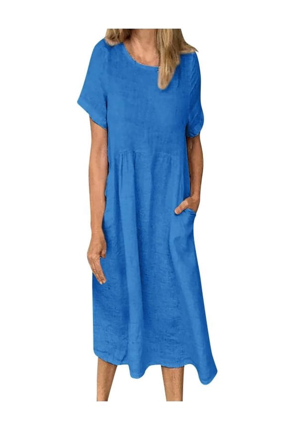 Women's Summer Midi Dress Crew Neck Short Sleeve Cotton Linen Casual Loose Shift T-Shirt Dress with Pockets Light Blue 3XL