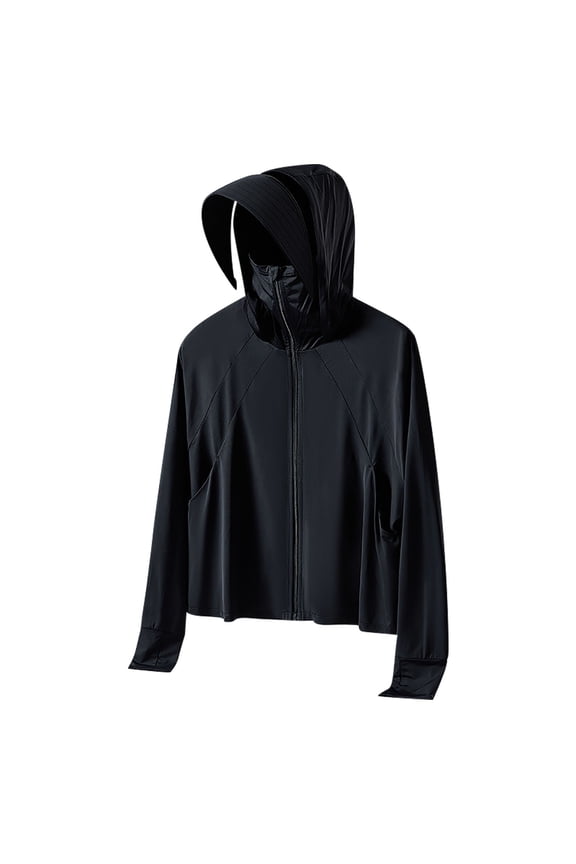 Women's Sun Protection Jacket UPF 50+ Zip up Thumbholes Long Sleeve Ice Silk Quick Dry Solid Hooded Cape with Wide Visor Face Cover M
