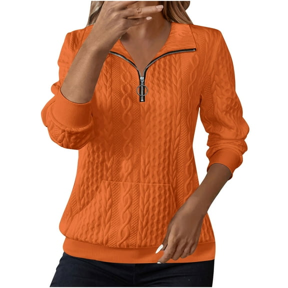 QSAWXQZ Women's Sweatshirts Cable Knit Jacquard Long Sleeve Quarter Zip Stand Collar Pullover Top with Pocket Orange L