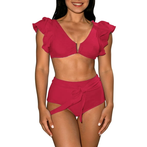 QSAWXQZ Women's Tankini Set 2 Piece Bathing Suit Halter Neck Sleeveless Tummy Control Top and Print Side Tie Boyshorts Tummy Control Modest Swimwear for Summer Beach Pool Wine M