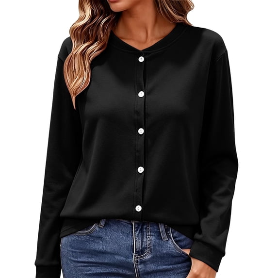 QSAWXQZ Women's Thermal Cardigan Crew Neck Long Sleeve Button Down Fleece Lined Stretch Winter Base Layer 3XL