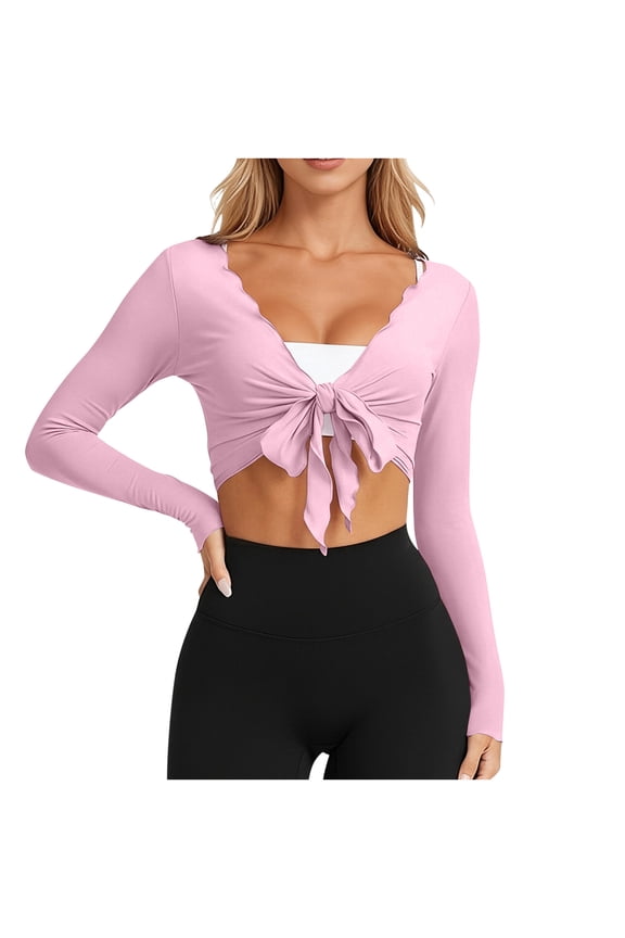Women's Tie Front Wrap Top Cropped Cardigan Long Sleeve V Neck Beach Cover Up Shirt for Yoga Pink S