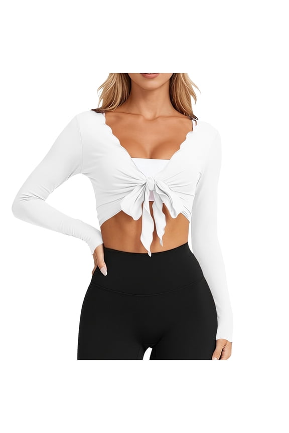 Women's Tie Front Wrap Top Cropped Cardigan Long Sleeve V Neck Beach Cover Up Shirt for Yoga White S