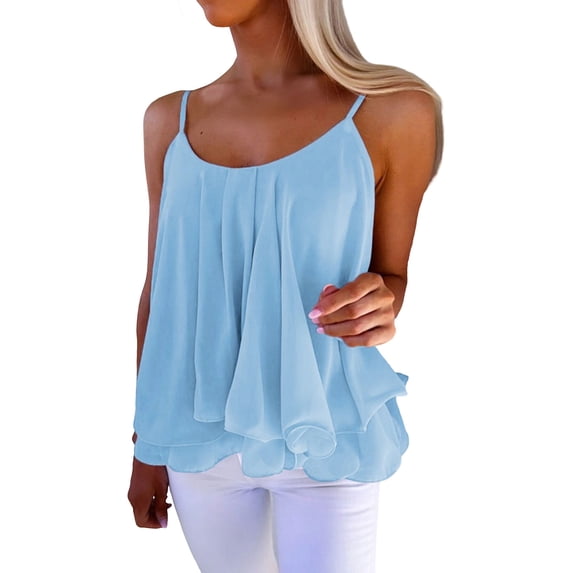 QSAWXQZ Women's Tiered Ruffle Tank Top Spaghetti Strap Layered Chiffon Sleeveless Flowy Summer Beach Camisole for Vacation S