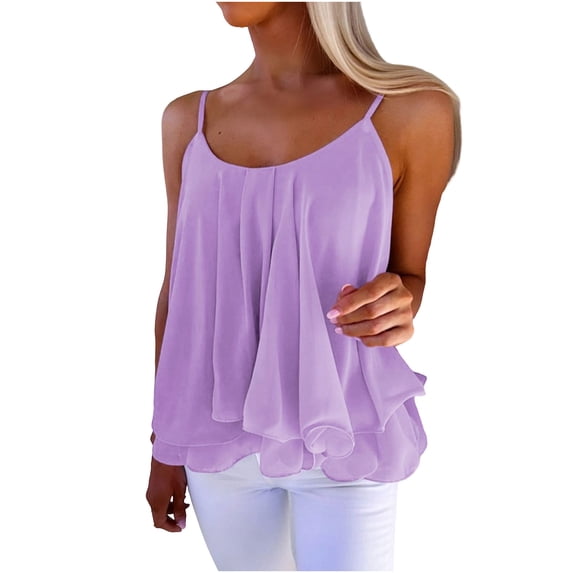 QSAWXQZ Women's Tiered Ruffle Tank Top Spaghetti Strap Layered Chiffon Sleeveless Flowy Summer Beach Camisole for Vacation S