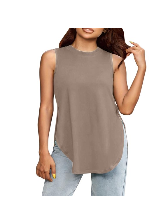 Women's Tunic Tank Top Jewel Neck Sleeveless Solid Side Split Curved Hem Loose Stretchy Long Casual Blouse M