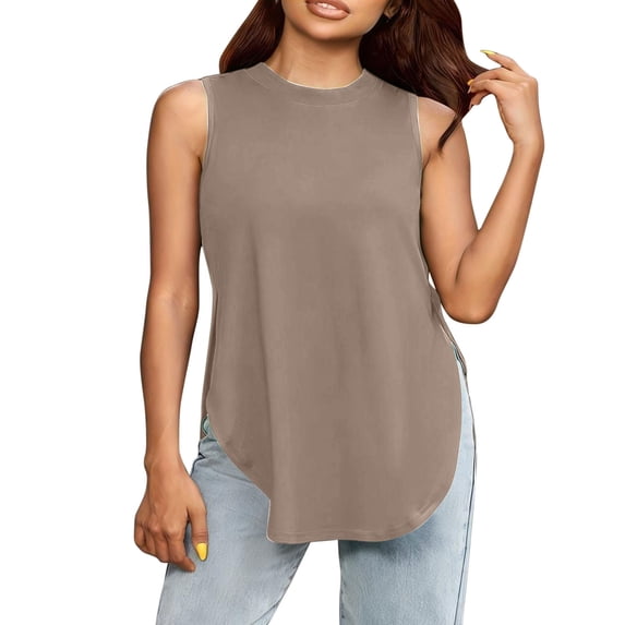 QSAWXQZ Women's Tunic Tank Top Jewel Neck Sleeveless Solid Side Split Curved Hem Loose Stretchy Long Casual Blouse M