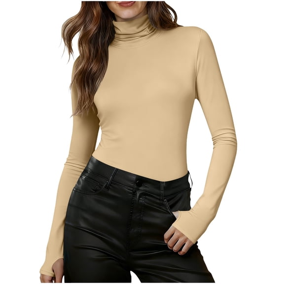 QSAWXQZ Women's Turtleneck Knit Shirt Long Sleeve Stretchy Solid Slim Base Layer Tee Beige XL