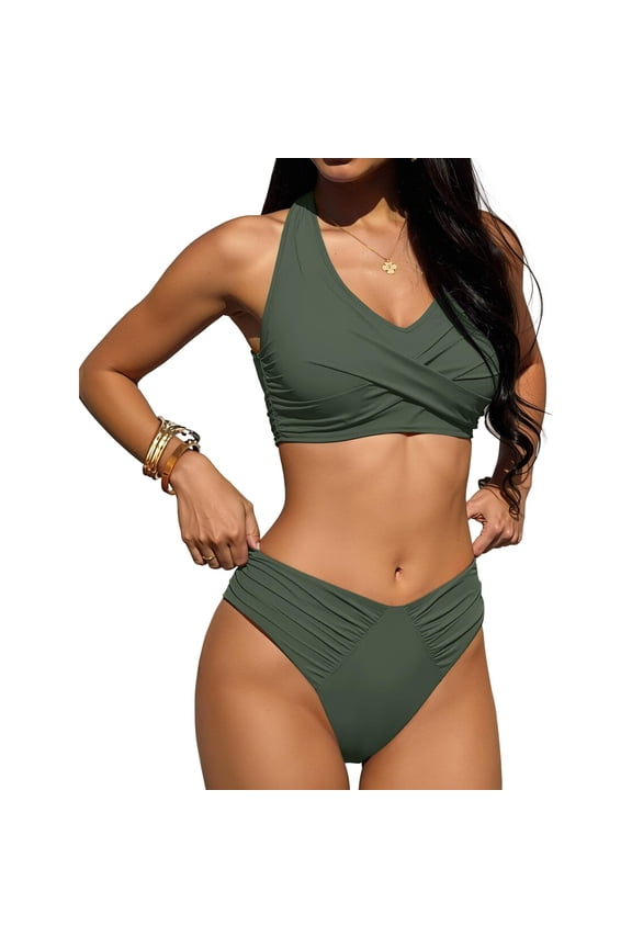 Women's Two Piece Bikini Set Halter V Neck Sleeveless Cross Wrap Front Top High Waisted Ruched Bottom Tummy Control Swimsuit for Beach Green 2XL
