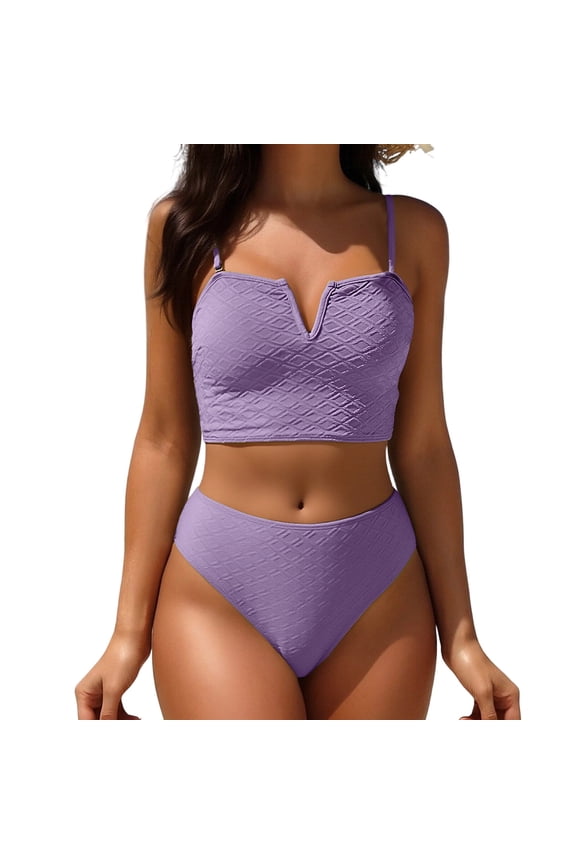 Women's Two Piece Bikini Set Textured V Neck Sleeveless Padded Top High Cut Bathing Suit for Summer Swimming Purple S