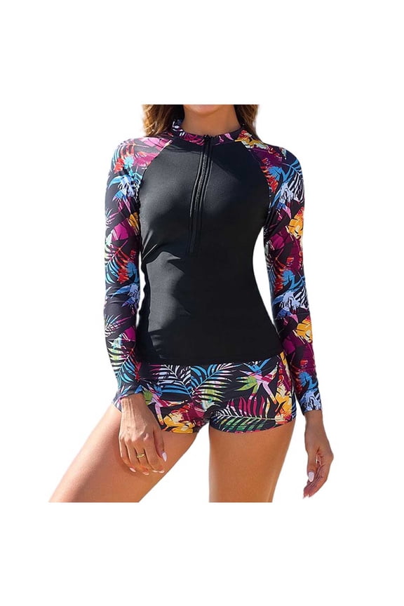 Women's Two Piece Rash Guard Set Long Sleeve Graphic Zip Front Padded Top Boyshorts Sun Protection Bathing Suit for Swimming Purple S