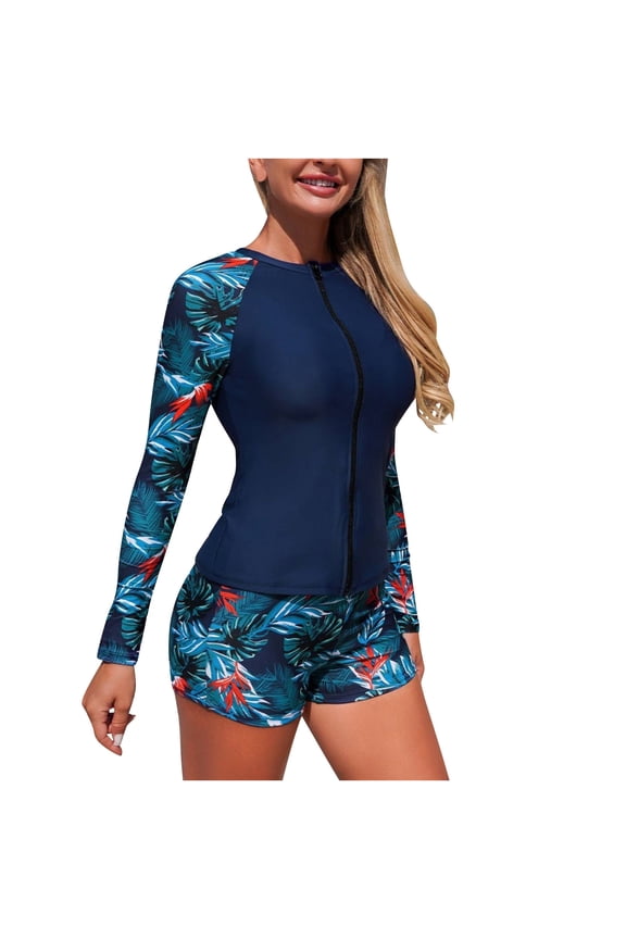 Women's Two Piece Rash Guard Set Long Sleeve Zip up Floral Print Sun Protection Bathing Suit with Shorts for Surfing Blue S
