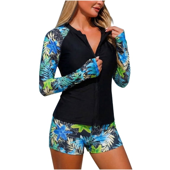 QSAWXQZ Women's Two Piece Rash Guard Set Long Sleeve Zip up Floral Print Sun Protection Bathing Suit with Shorts for Surfing Green XL