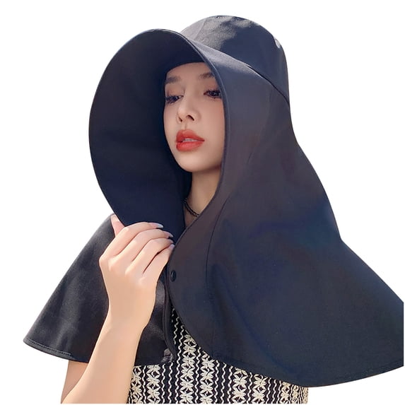 QSAWXQZ Women's UV Protection Oversized Wide Brim Sun Hat with Full Face Neck Coverage Cape Button Closure Headwear for Summer Cycling and Beach Vacation Black Free Size