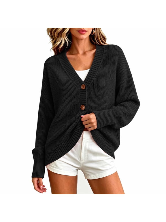 Women's V Neck Cardigan Long Sleeve Button Down Relaxed Ribbed Knit Sweater Outerwear Black 3XL
