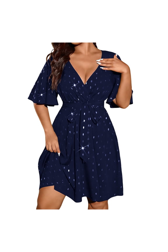 Women's V Neck Wrap Dress Flutter Short Sleeve Tie Waist Ruffle Hem Casual Sequin Party Dress Elegant Cocktail Wedding Guest Mini Dress 2XL