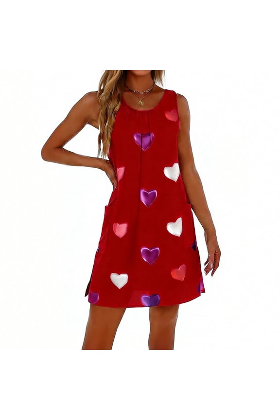 Women's Valentine's Day Heart Print Shift Dress Sleeveless Crew Neck Side Slit Summer Mini Dress with Pockets for Summer Loungewear 2XL