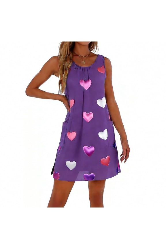 Women's Valentine's Day Heart Print Shift Dress Sleeveless Crew Neck Side Slit Summer Mini Dress with Pockets for Summer Loungewear XL