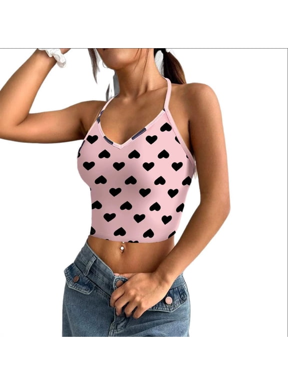Women's Valentine's Heart Print Crop Camisole V Neck Halter Spaghetti Strap Sleeveless Cute Summer Casual Graphic Tank Top S