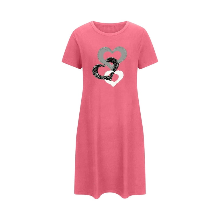 QSAWXQZ Women's Valentine's Mini Dress Short Sleeve Crewneck Heart Graphic Pullover Loungewear Dress for Summer Hot Pink M