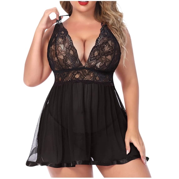 QSAWXQZ Women's Valentine's Plus Size Lingerie Lace Babydoll Chemise Mesh Sleeveless V Neck 2 Piece Sleepwear Nightgown with G String Black M