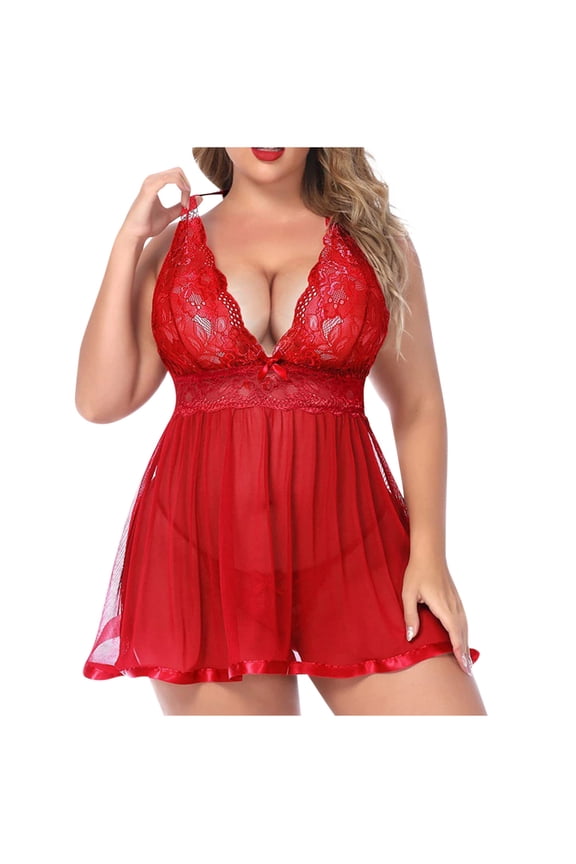 Women's Valentine's Plus Size Lingerie Lace Babydoll Chemise Mesh Sleeveless V Neck 2 Piece Sleepwear Nightgown with G String Red M