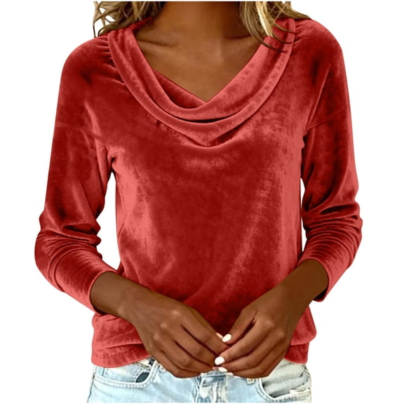 QSAWXQZ Women's Velvet Blouse Long Sleeve Cowl Neck Solid Pullover Casual Top for Spring Red-1 4XL