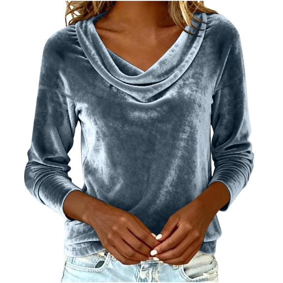 QSAWXQZ Women's Velvet Blouse Long Sleeve Cowl Neck Solid Pullover Casual Top for Spring Sky Blue XL