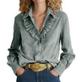 thumbnail image 1 of QSAWXQZ Women's Velvet Button-up Shirt Ruffled Lapel Collar Long Sleeve Solid Cardigan Dressy Blouse Gray L, 1 of 6