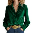 thumbnail image 1 of QSAWXQZ Women's Velvet Button-up Shirt Ruffled Lapel Collar Long Sleeve Solid Cardigan Dressy Blouse Green M, 1 of 6