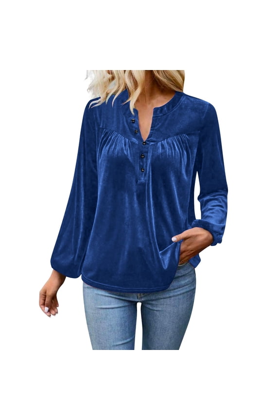 Women's Velvet Solid Blouse Quarter Button Down Crewneck Cuffed Long Sleeve Pullover Tunic Top for Spring Blue M
