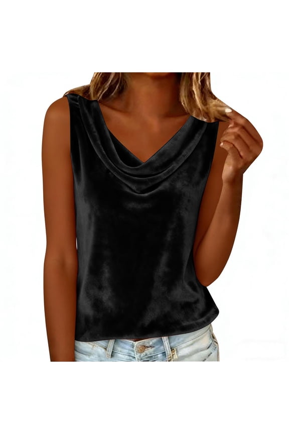 Women's Velvet Tank Top Elegent Sleeveless Cowl Neck Solid Pullover Blouse Black 2XL