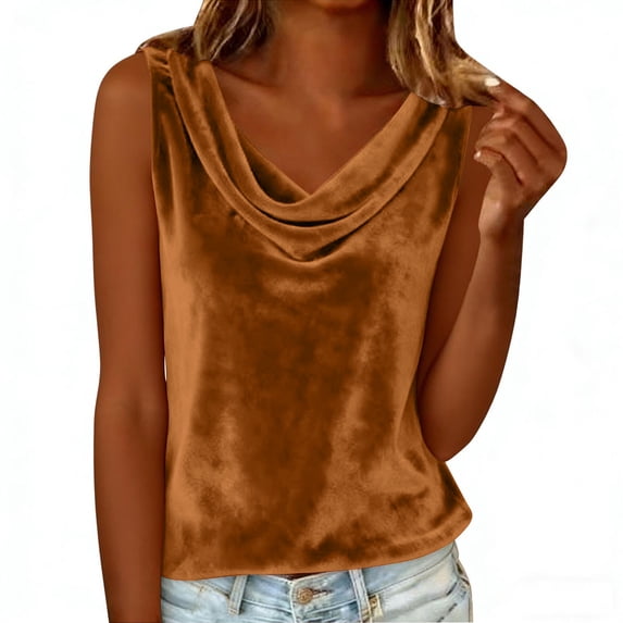 QSAWXQZ Women's Velvet Tank Top Elegent Sleeveless Cowl Neck Solid Pullover Blouse Brown L