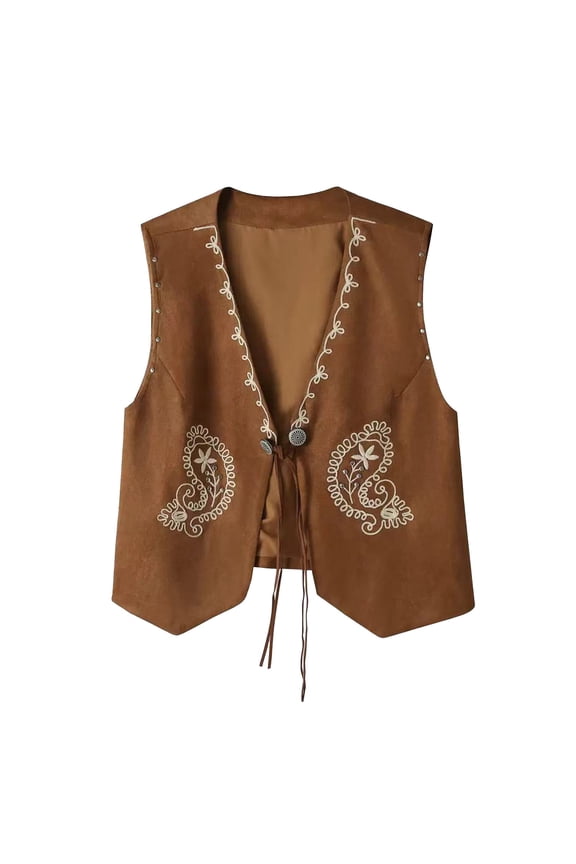 Women's Vest Embroidered Faux Suede Tie Front Fringe Boho Vintage Casual Cardigan 2XL