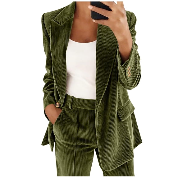 QSAWXQZ Women's Vintage Corduroy Blazer Jacket Long Sleeve Button Down Office Work Lapel Solid Suit Coat Casual Outwear L