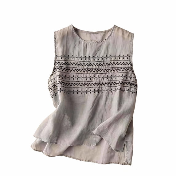 QSAWXQZ Women's Vintage Embroidered Tank Top Graphic Print Sleeveless Crew Neck Cotton Linen Boho Loose Lightweight Blouse for Summer 2XL