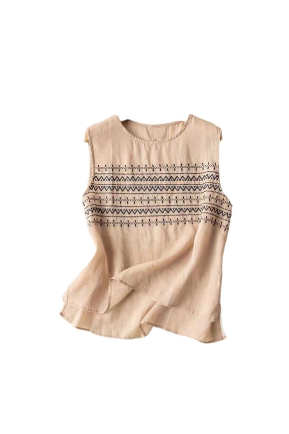 Women's Vintage Embroidered Tank Top Graphic Print Sleeveless Crew Neck Cotton Linen Boho Loose Lightweight Blouse for Summer 2XL