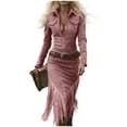 thumbnail image 1 of QSAWXQZ Women's Vintage Faux Suede Midi Dress Fringe Hem Long Sleeve Zip-Up Lapel Tassel Bodycon Dress for Concert Rodeo L, 1 of 5