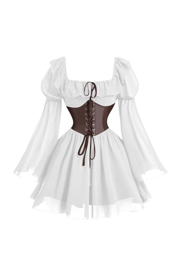 Women's Vintage Mini Flare Dress Long Sleeve Square Neck Corset Lace-Up Bell Sleeve Gothic Dress White 2XL