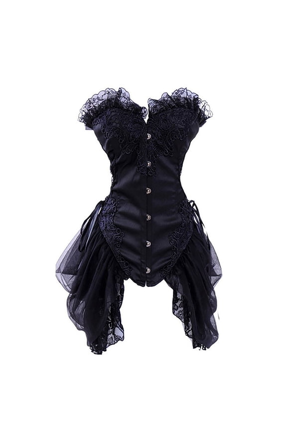 Women's Vintage Overbust Corset Dress Lace Ruffle High Low Hem Bustier Top Steampunk Masquerade Party Outfits XL