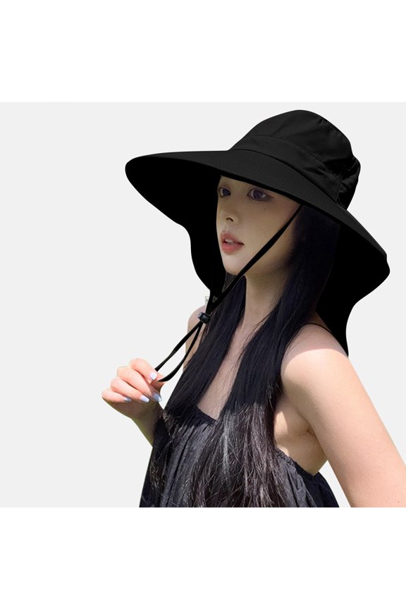 Women's Wide Brim UV Protection Flap Sun Hat with Long Neck Cover Adjustable Drawstring Cap for Summer Beach Trips and Outdoor Tourism Black Free Size