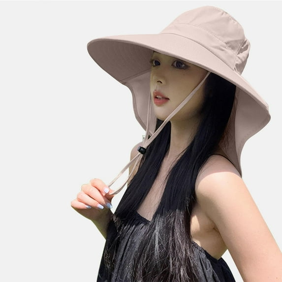 QSAWXQZ Women's Wide Brim UV Protection Flap Sun Hat with Long Neck Cover Adjustable Drawstring Cap for Summer Beach Trips and Outdoor Tourism Pink Free Size