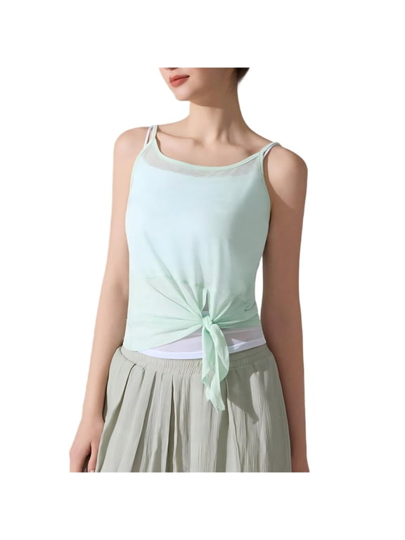 Women's Workout Tank Tops Spaghetti Strap Yoga Shirts Activewear Sheer Mesh Breathable Quick Dry Sleeveless Camisoles Split Tie Front Loose for Gym Running M