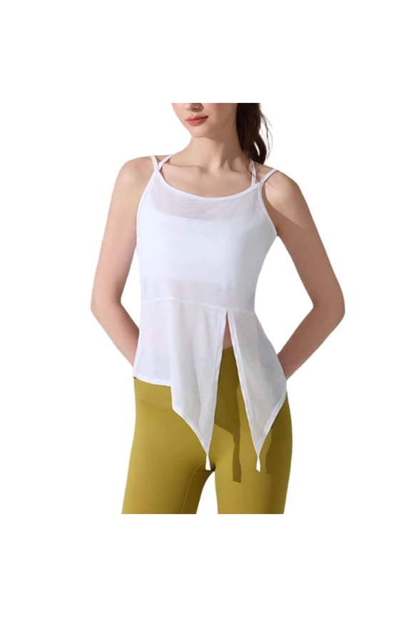 Women's Workout Tank Tops Spaghetti Strap Yoga Shirts Activewear Sheer Mesh Breathable Quick Dry Sleeveless Camisoles Split Tie Front Loose for Gym Running XL