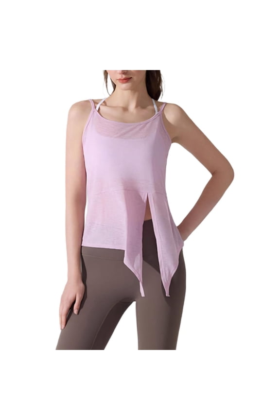 Women's Workout Tank Tops Spaghetti Strap Yoga Shirts Activewear Sheer Mesh Breathable Quick Dry Sleeveless Camisoles Split Tie Front Loose for Gym Running S